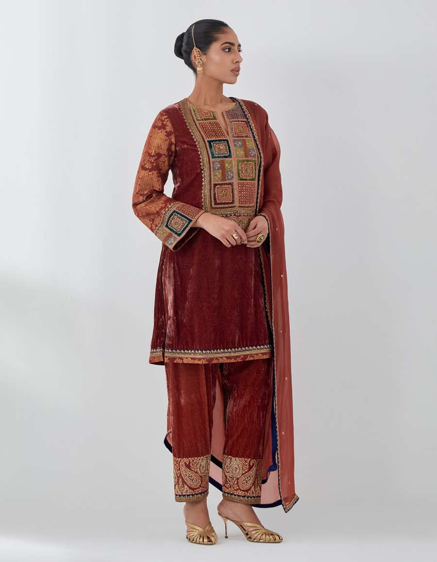 Rust Velvet Short Kurti With Brocade Sleeve Set