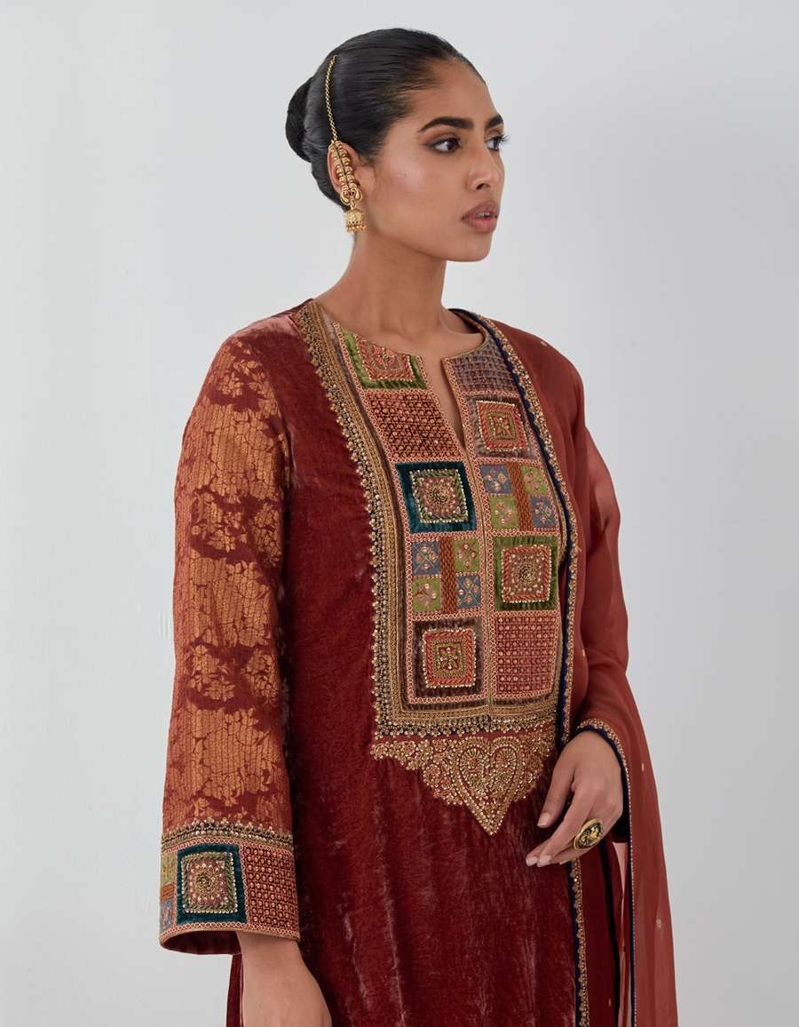 Rust Velvet Short Kurti With Brocade Sleeve Set