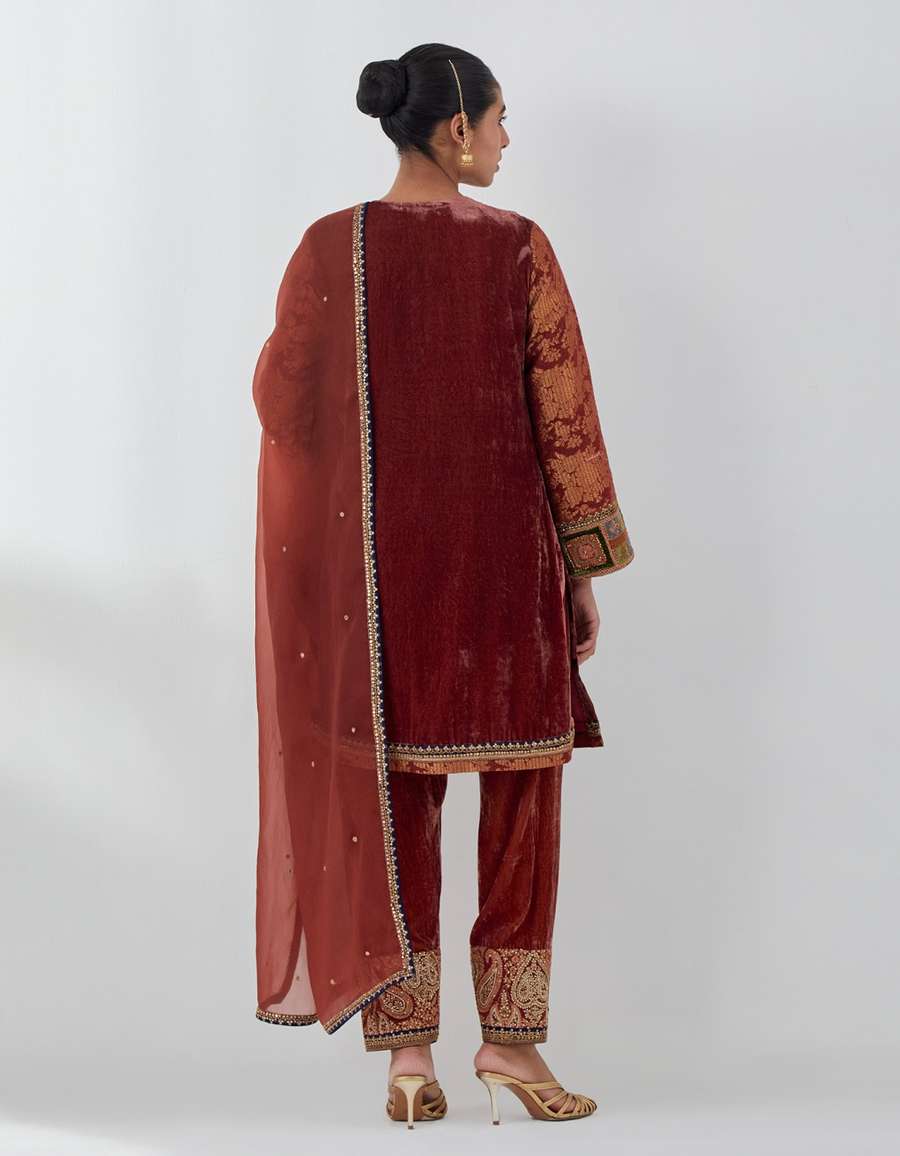 Rust Velvet Short Kurti With Brocade Sleeve Set