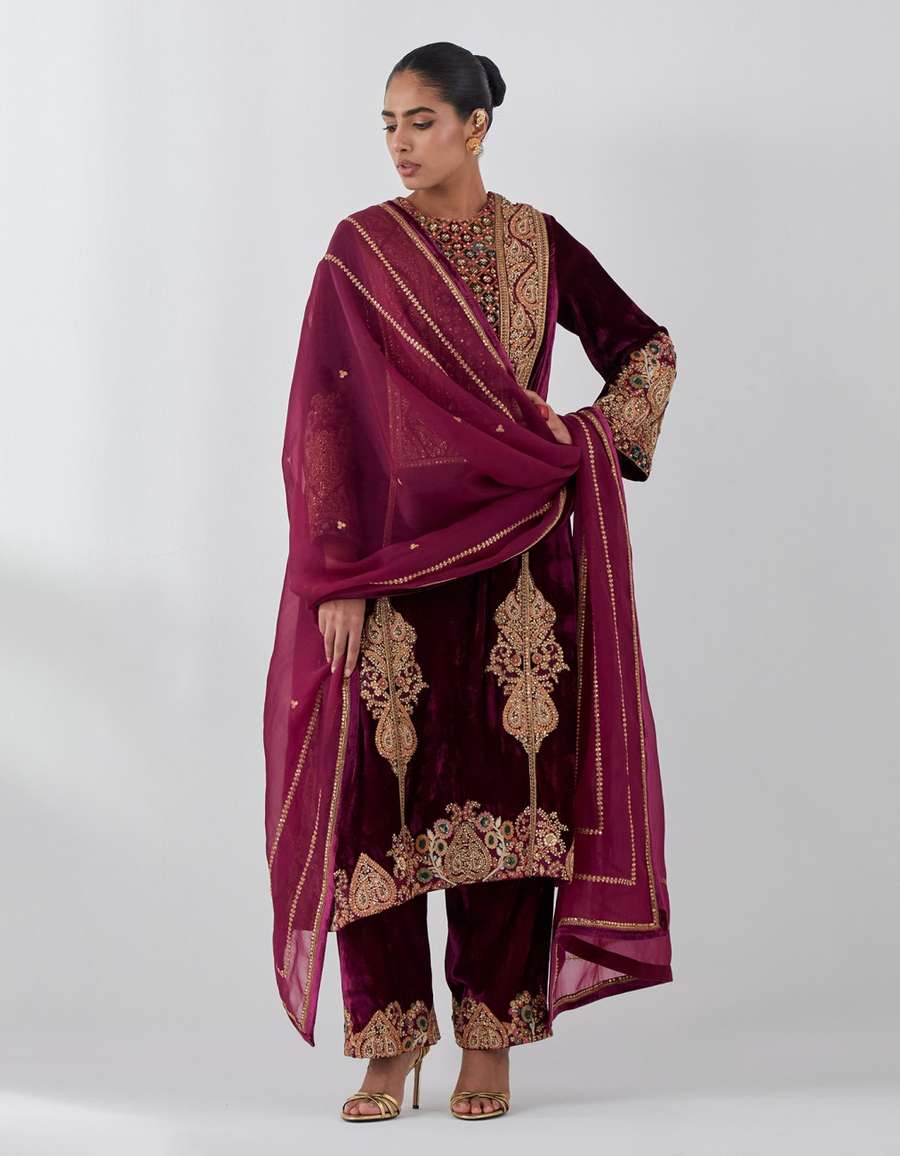 Burgundy Velvet A Line Kurta Set