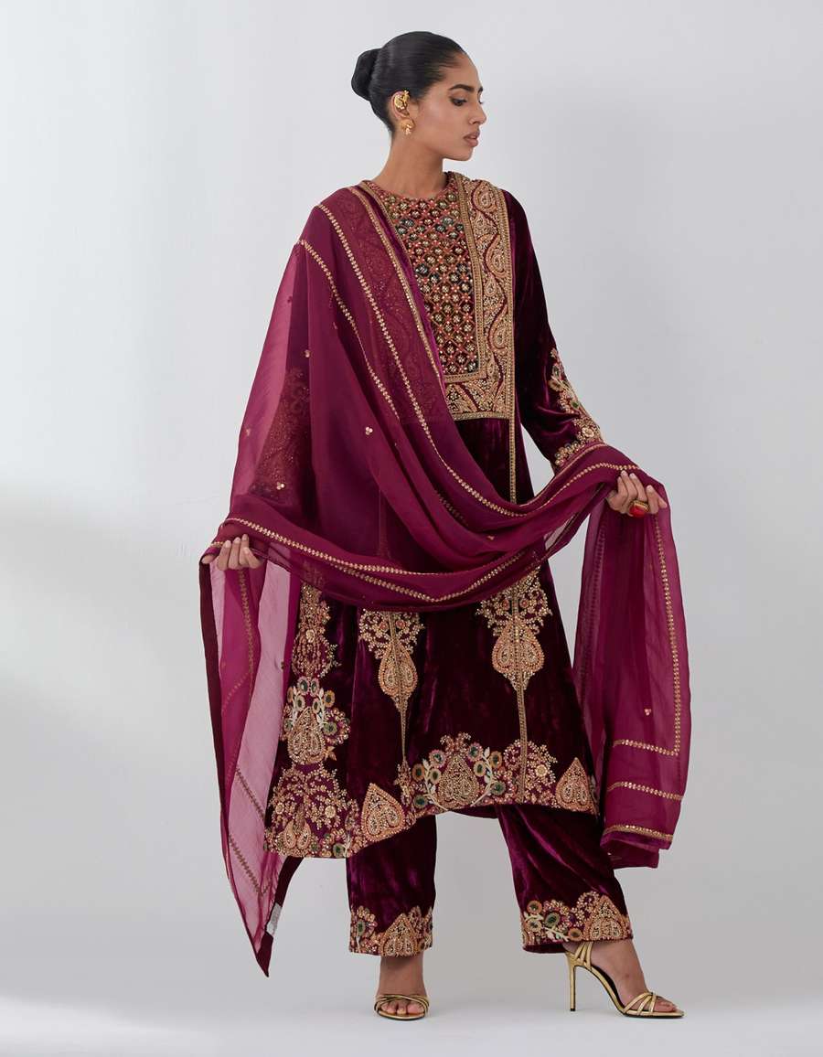 Burgundy Velvet A Line Kurta Set