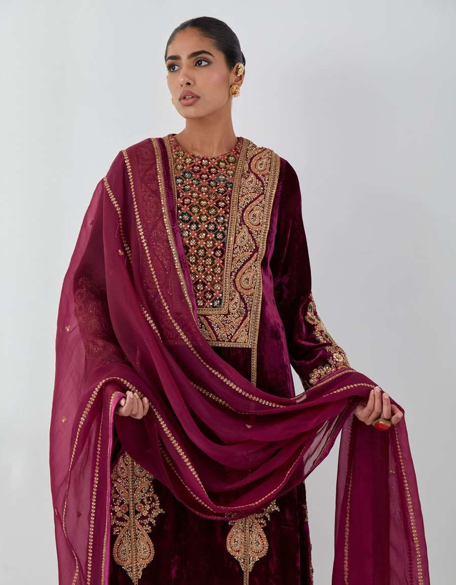 Burgundy Velvet A Line Kurta Set