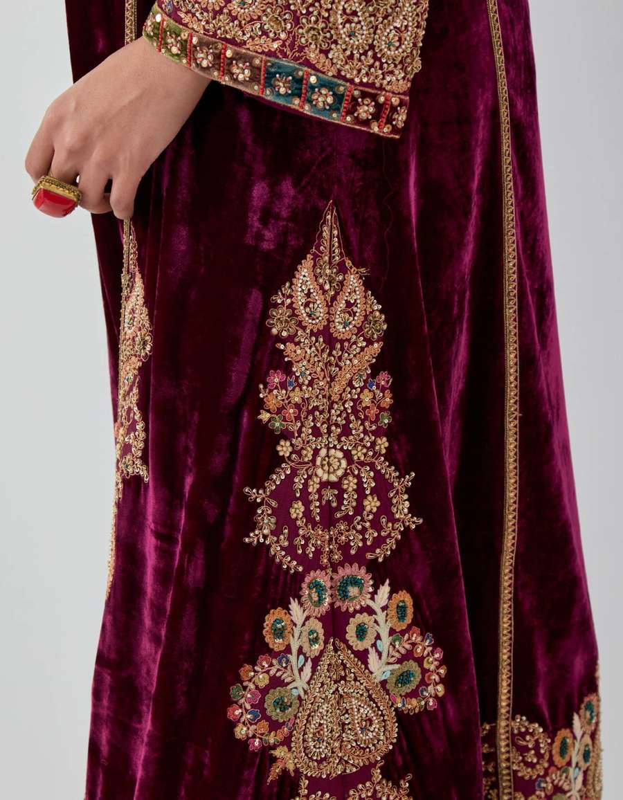 Burgundy Velvet A Line Kurta Set