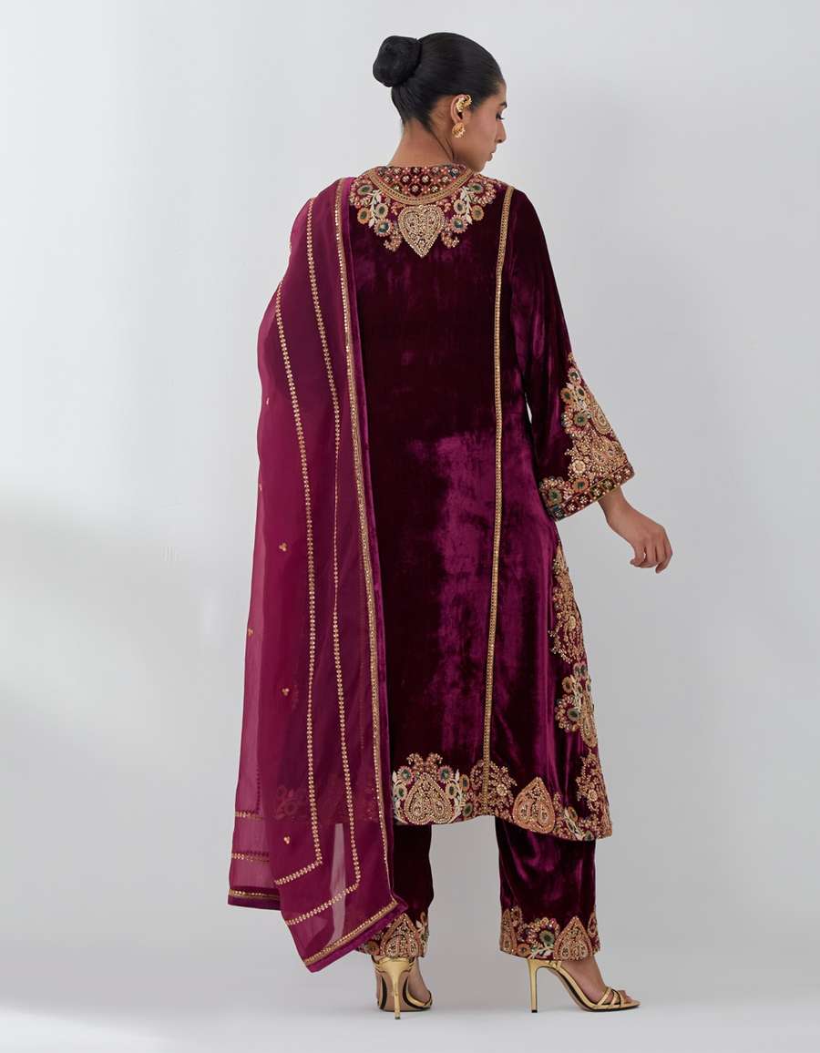 Burgundy Velvet A Line Kurta Set
