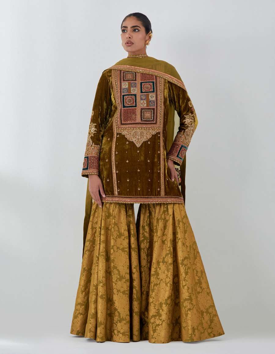 Champagne Velevt Short Kurti With Brocade Sharara Set