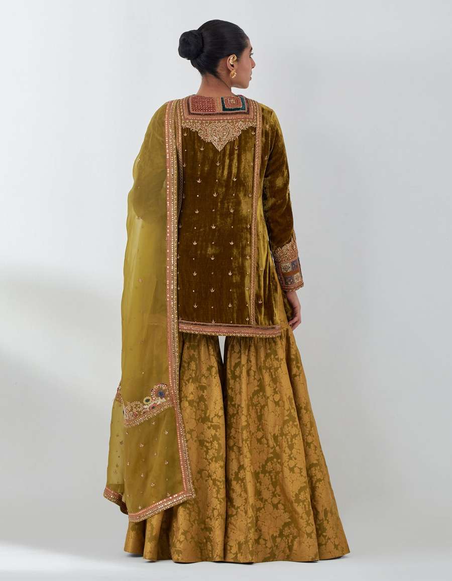 Champagne Velevt Short Kurti With Brocade Sharara Set