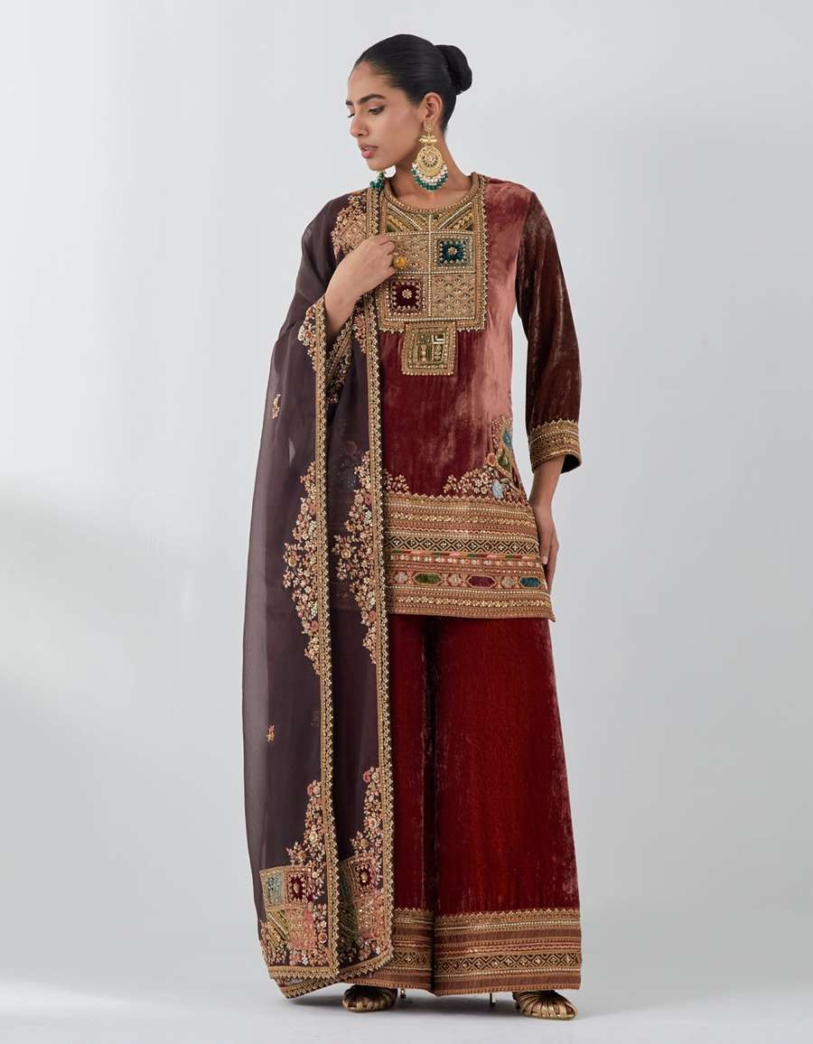 Rust Short Kurti With Velvet Sharara Set