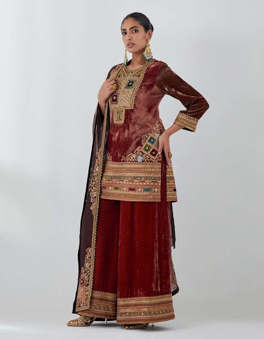 Rust Short Kurti With Velvet Sharara Set