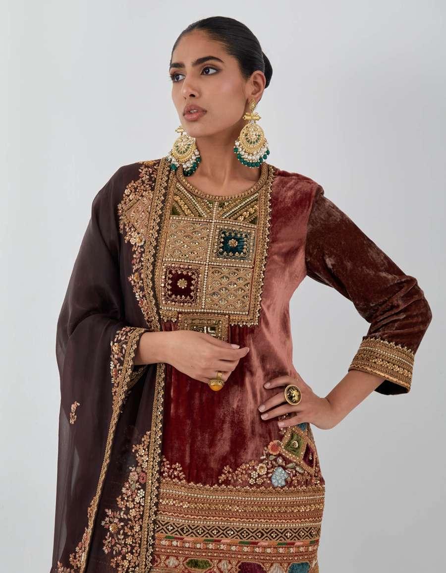 Rust Short Kurti With Velvet Sharara Set
