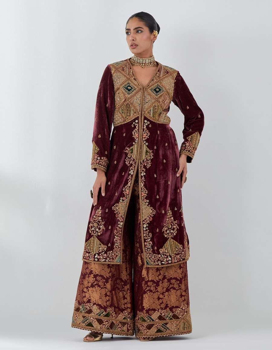 Mauve Velvet Long Jacket With Brocade Pants