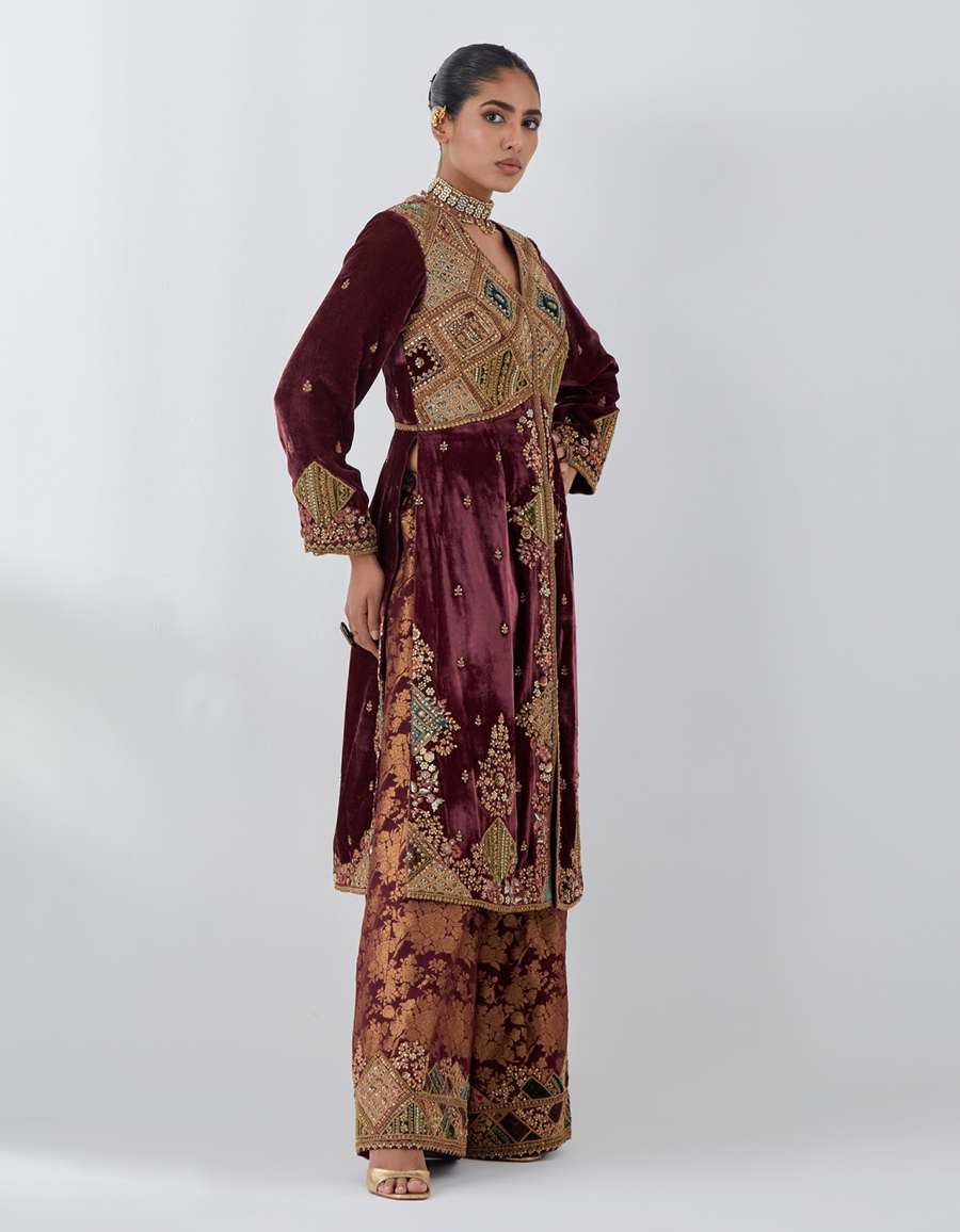 Mauve Velvet Long Jacket With Brocade Pants