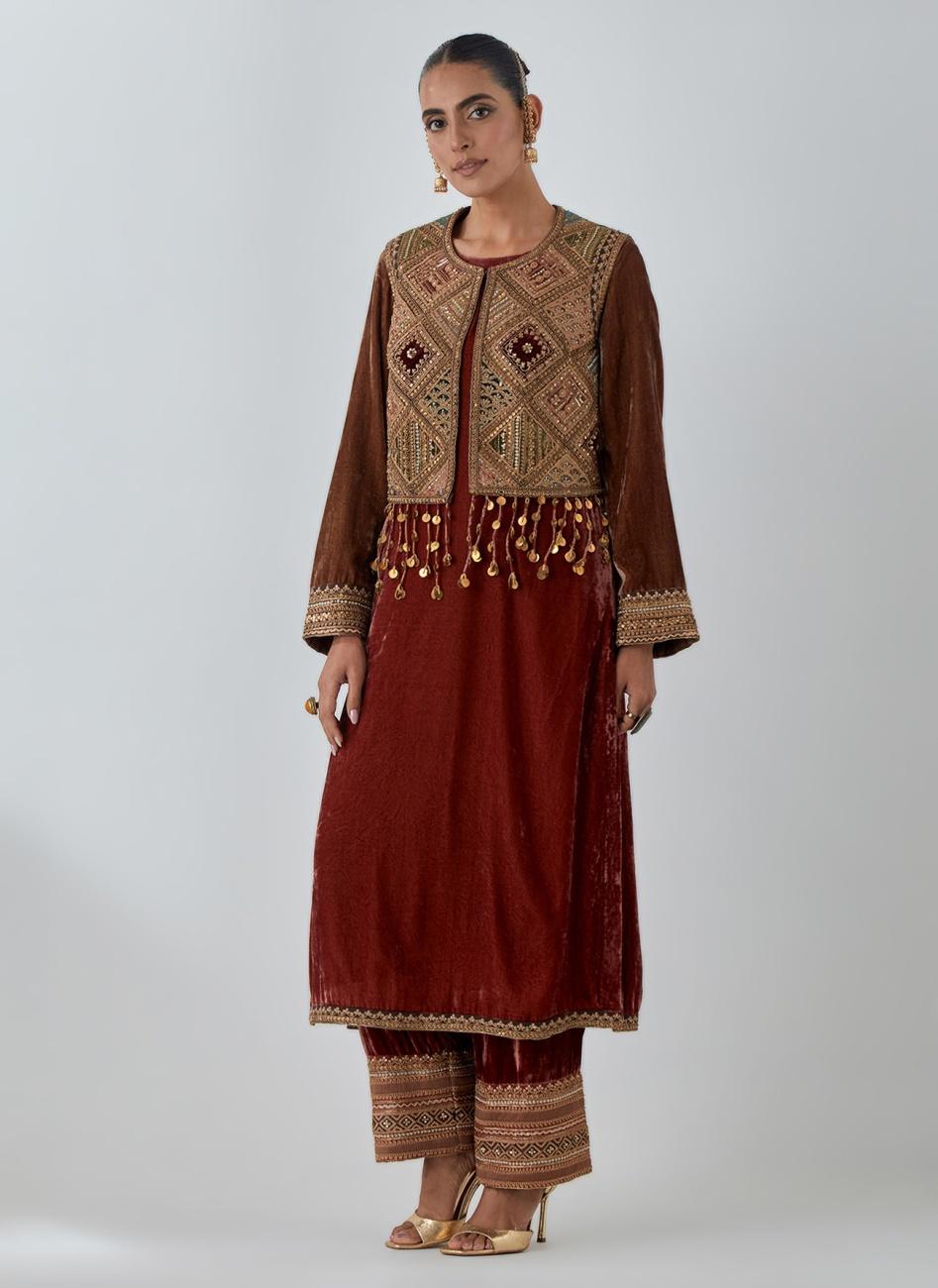 Dark Rust Jacket Kurta Set