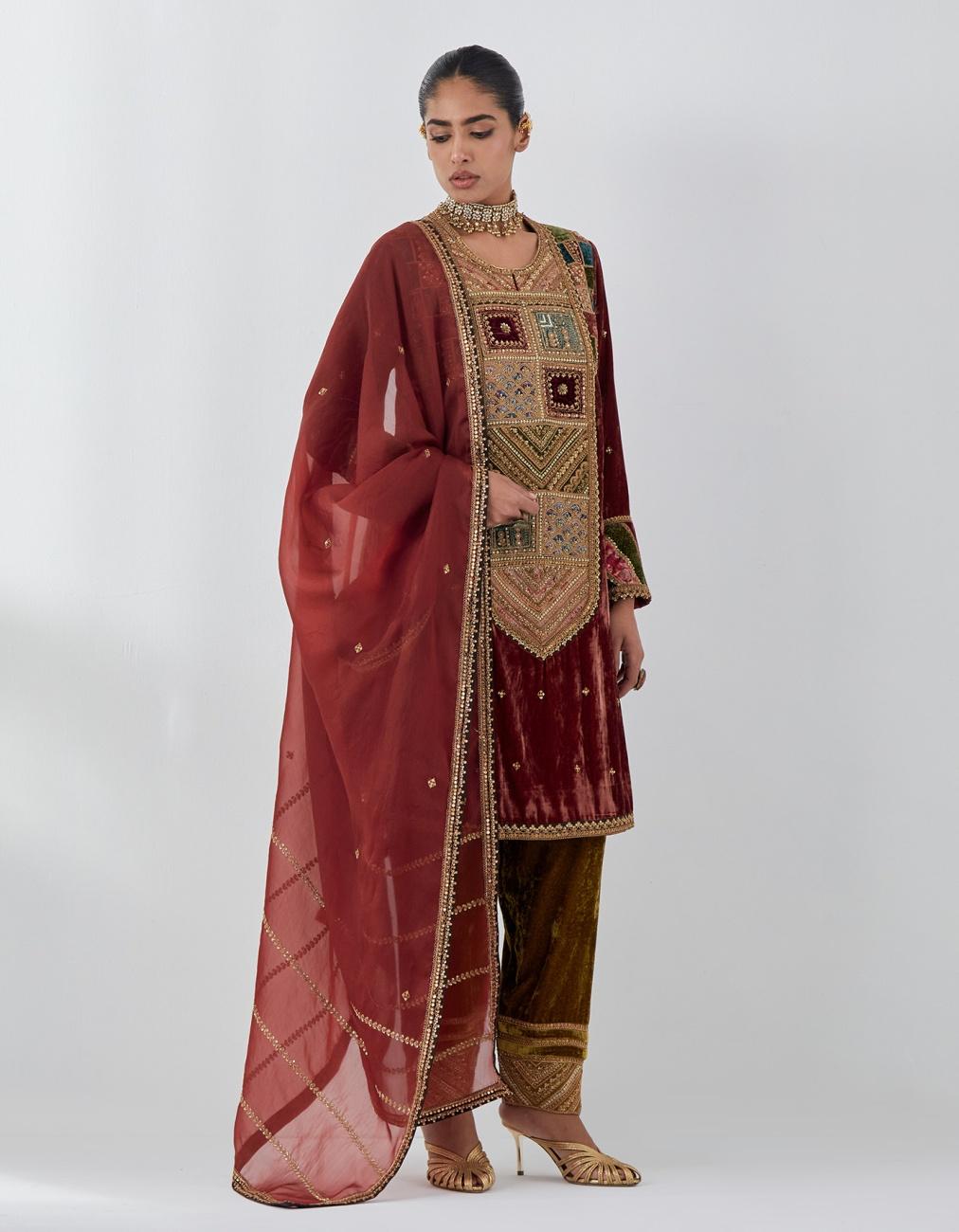 Dark Rust Velvet Long Yoke Knee Length Kurta Set