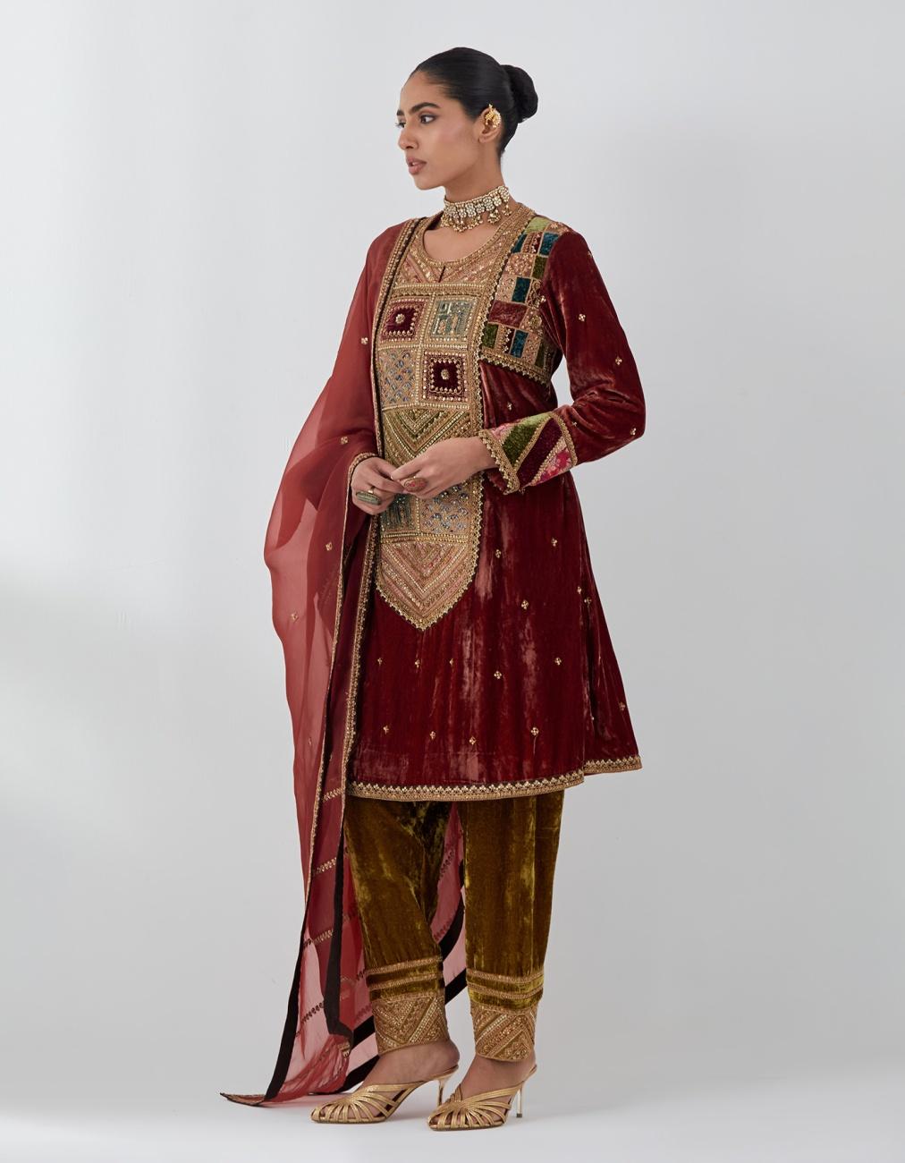 Dark Rust Velvet Long Yoke Knee Length Kurta Set