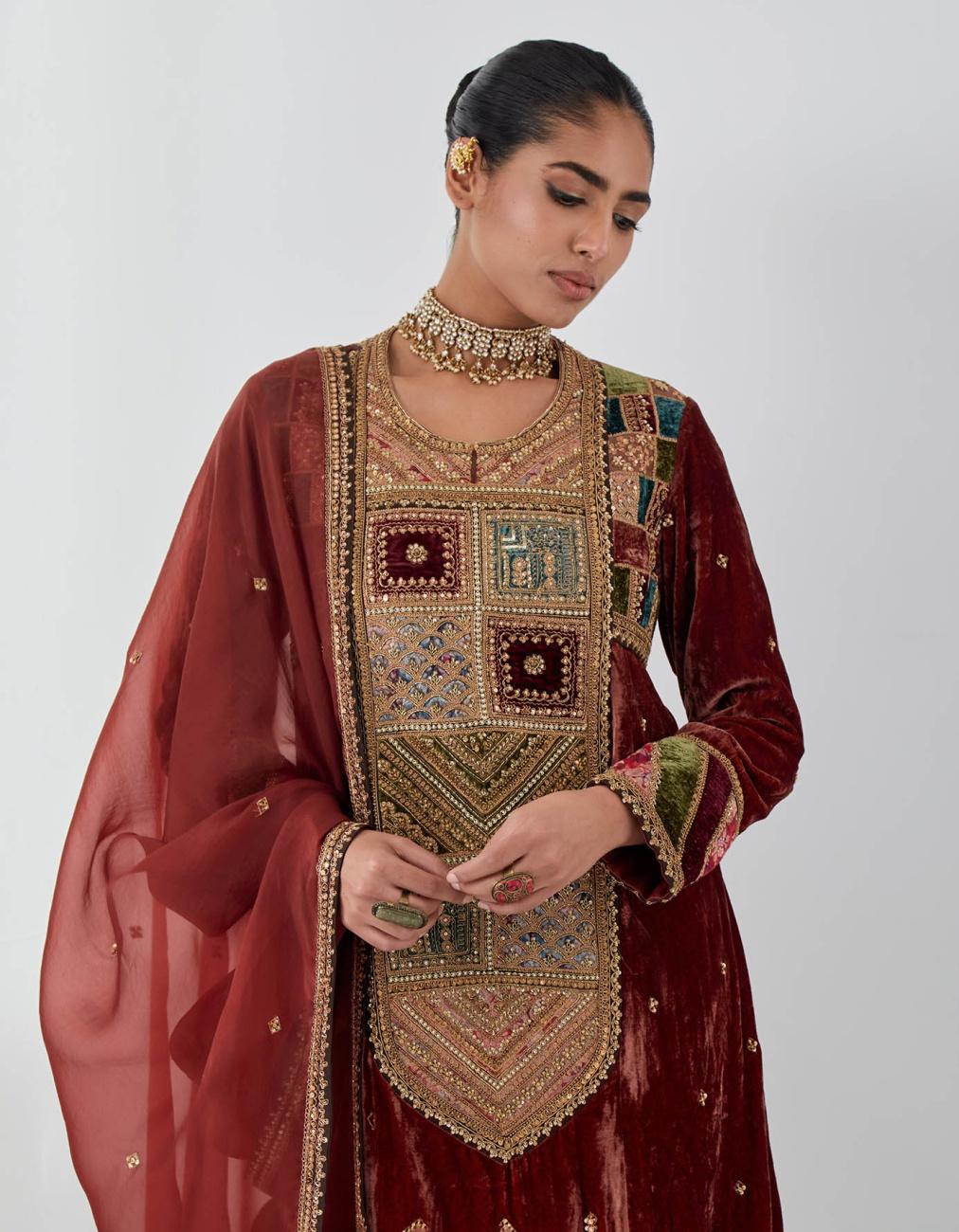 Dark Rust Velvet Long Yoke Knee Length Kurta Set