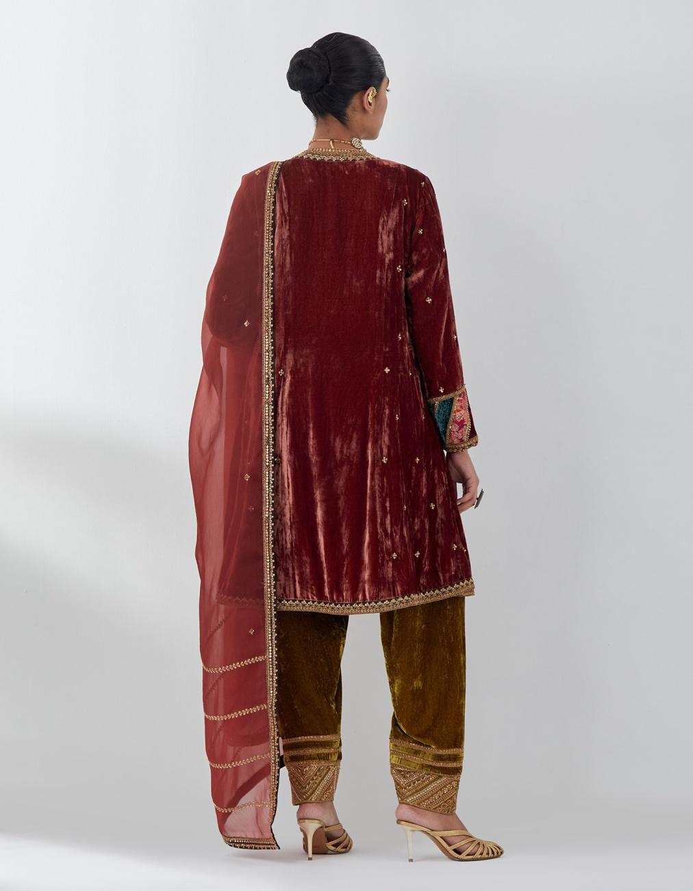 Dark Rust Velvet Long Yoke Knee Length Kurta Set
