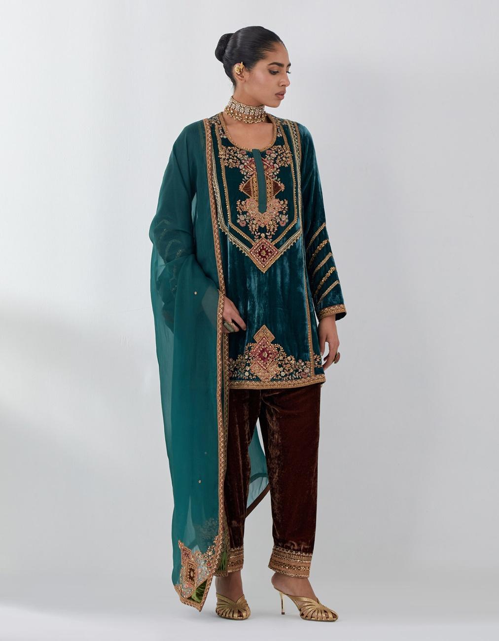 Teal Velvet Short Kurta Salwar & Dupatta