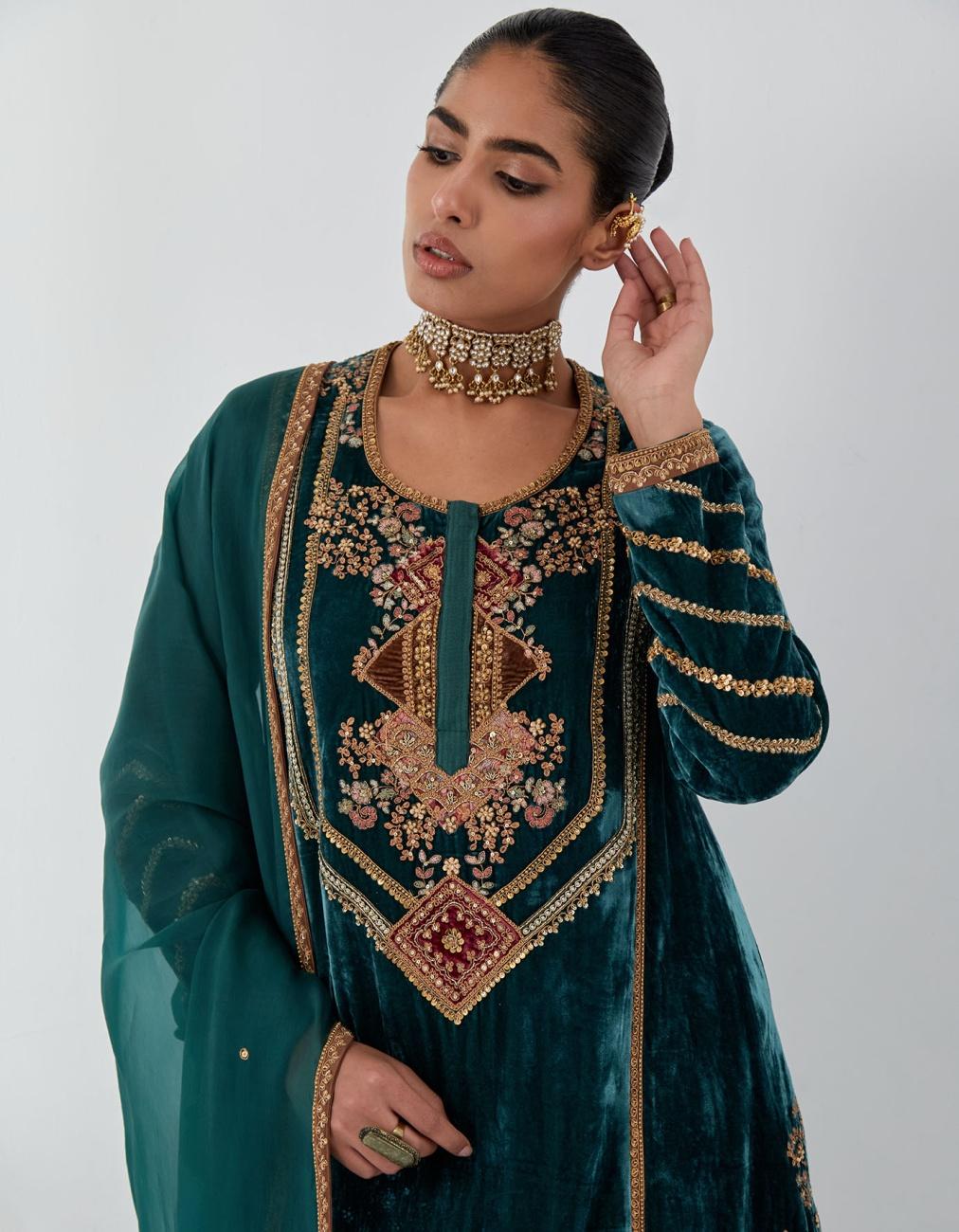 Teal Velvet Short Kurta Salwar & Dupatta