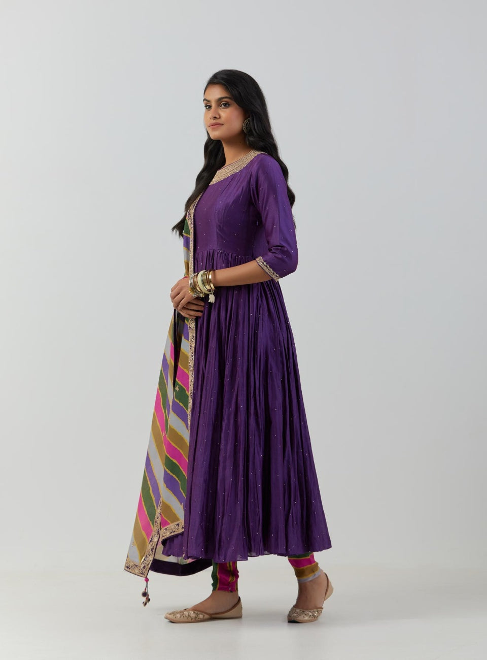 Purple Anarkali Set With Round Neck
