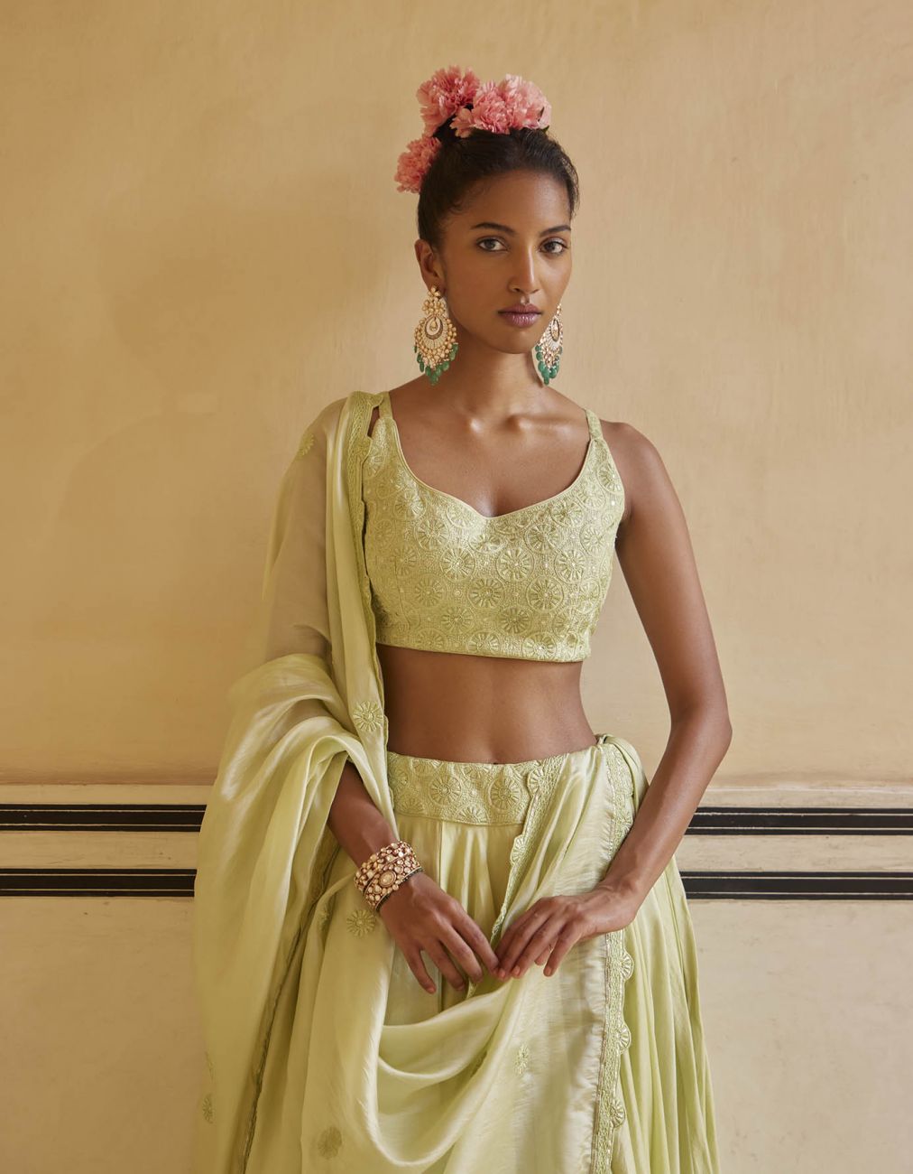 Mint Resham Work Lehenga Paired With Blouse & Dupatta