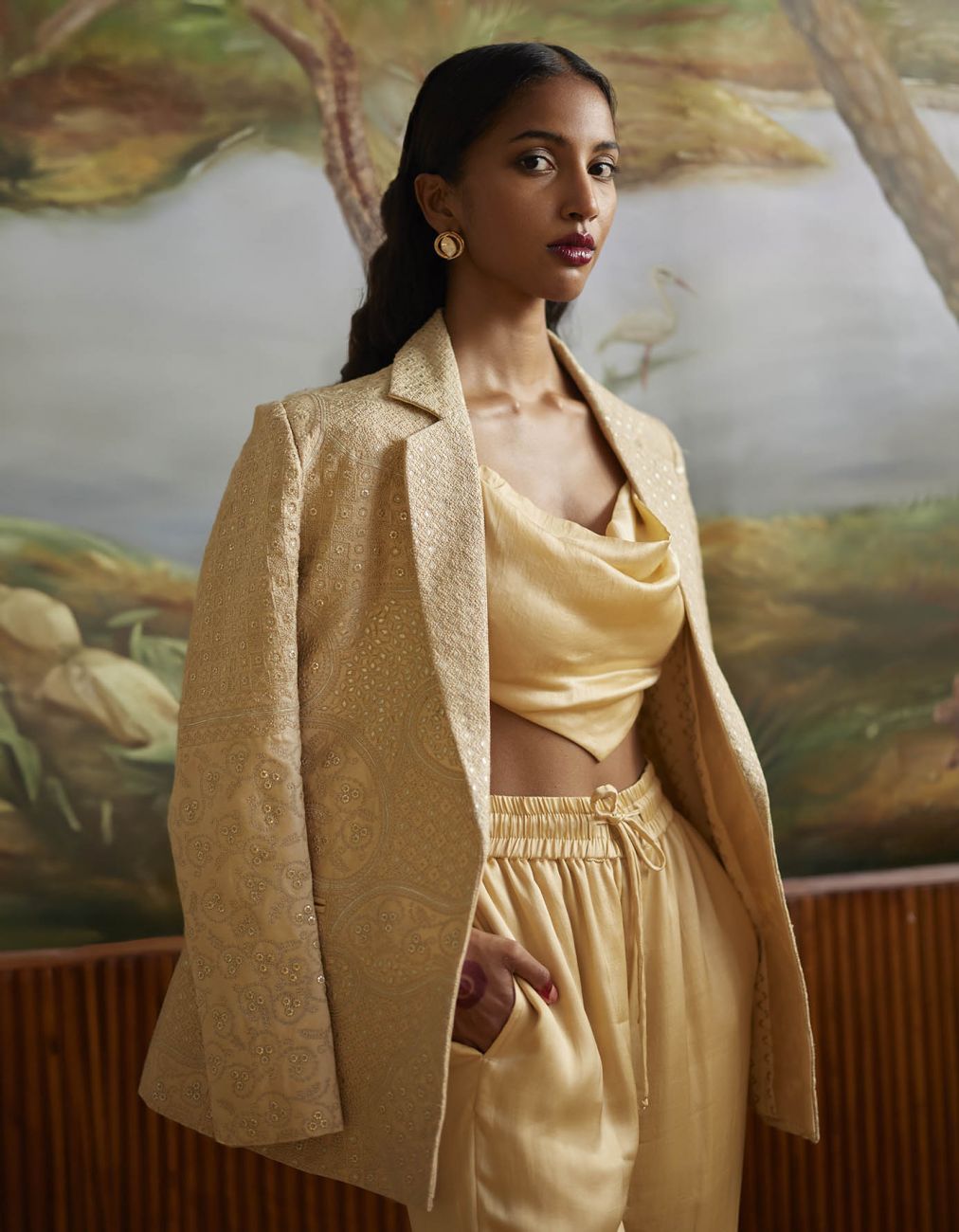 Buttercup Cowl Top Paired With Jacket & Pants