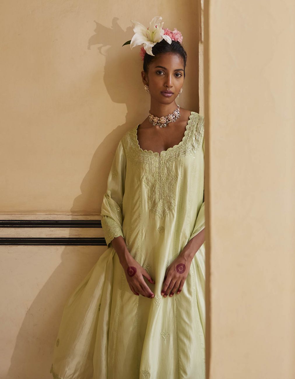 Mint Resham Work Kurta Paired With Pants & Dupatta