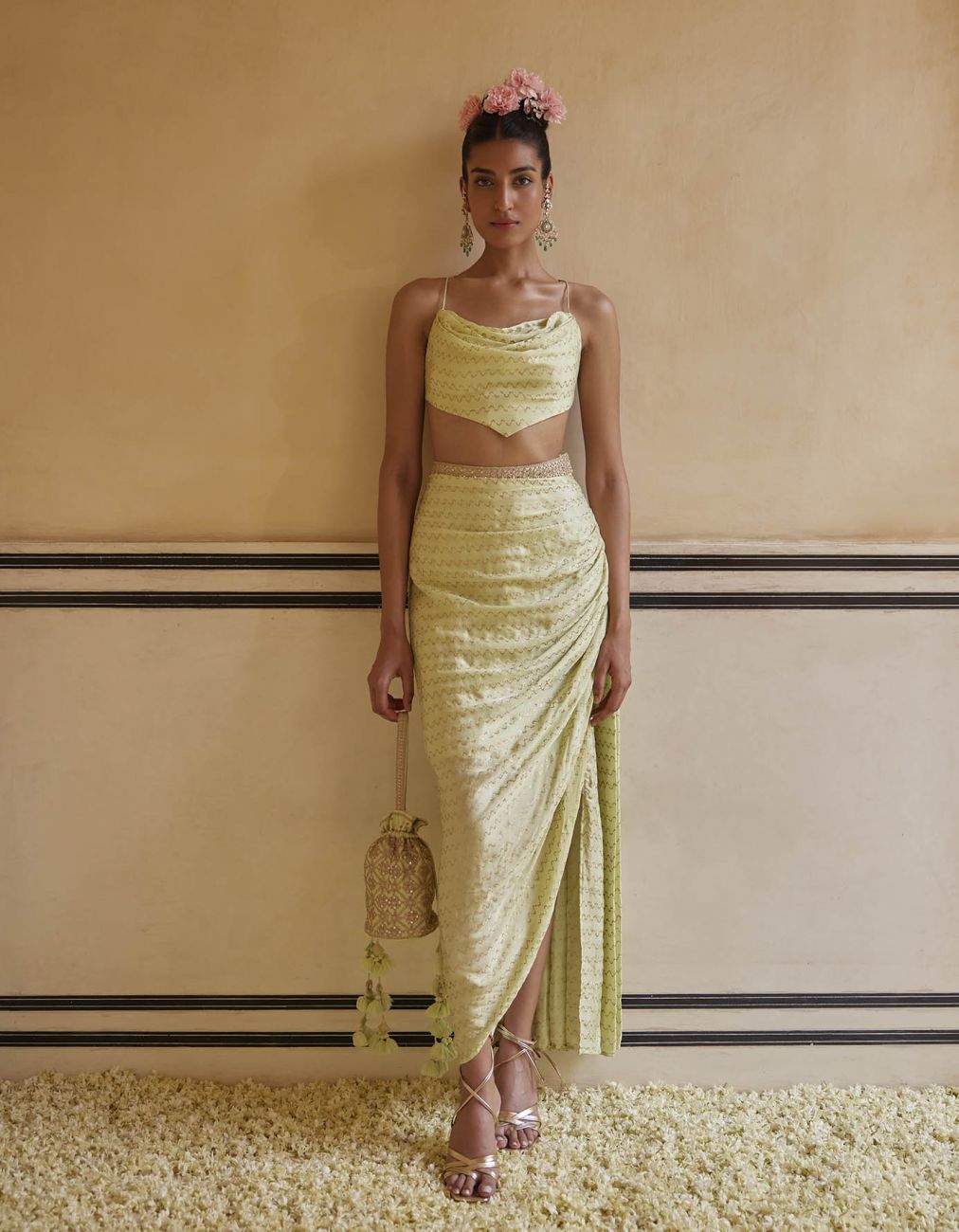 Mint Drape Skirt Paired With Cowl Top & Cape