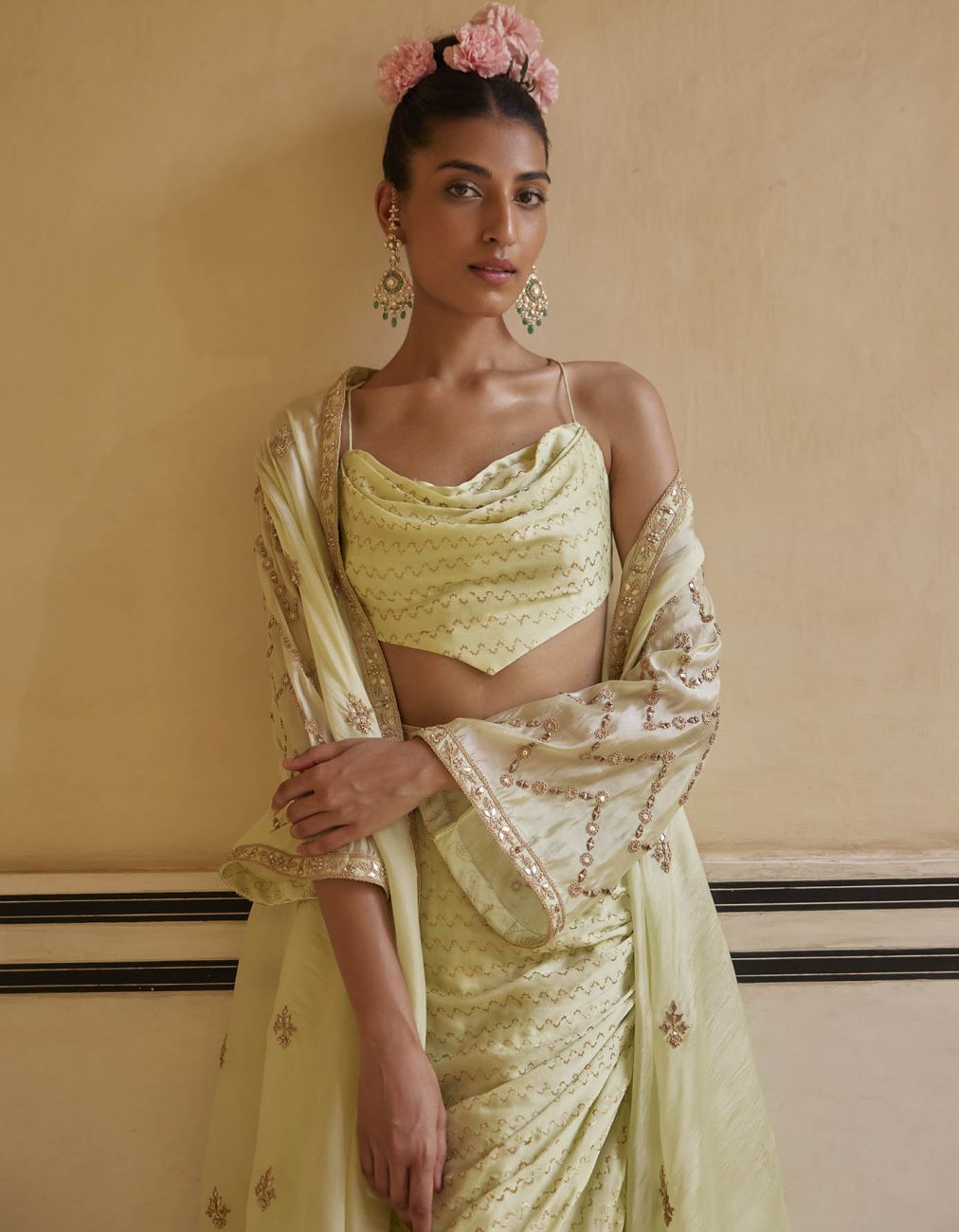 Mint Drape Skirt Paired With Cowl Top & Cape