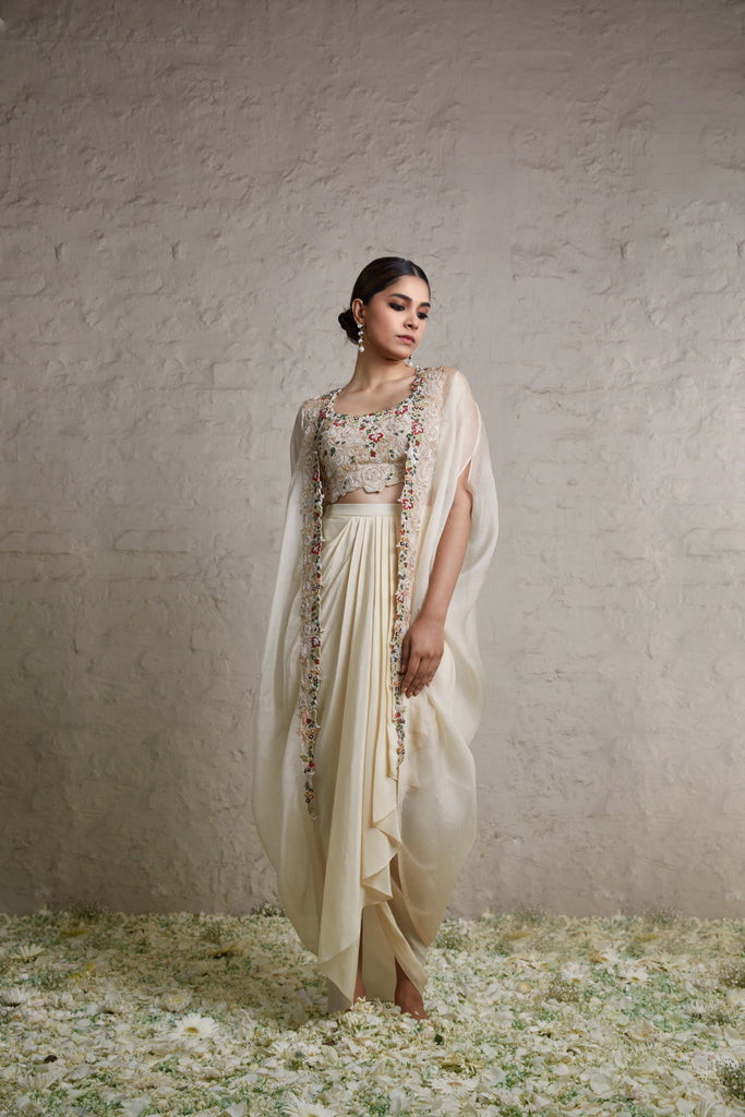 Silk blouse with crepe dhoti and organza cape