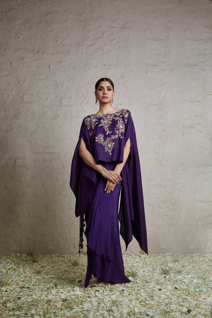 Purple Silk kaftaan with crepe dhoti