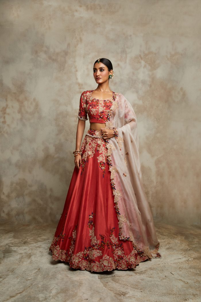Silk blouse and lehenga with organza dupatta