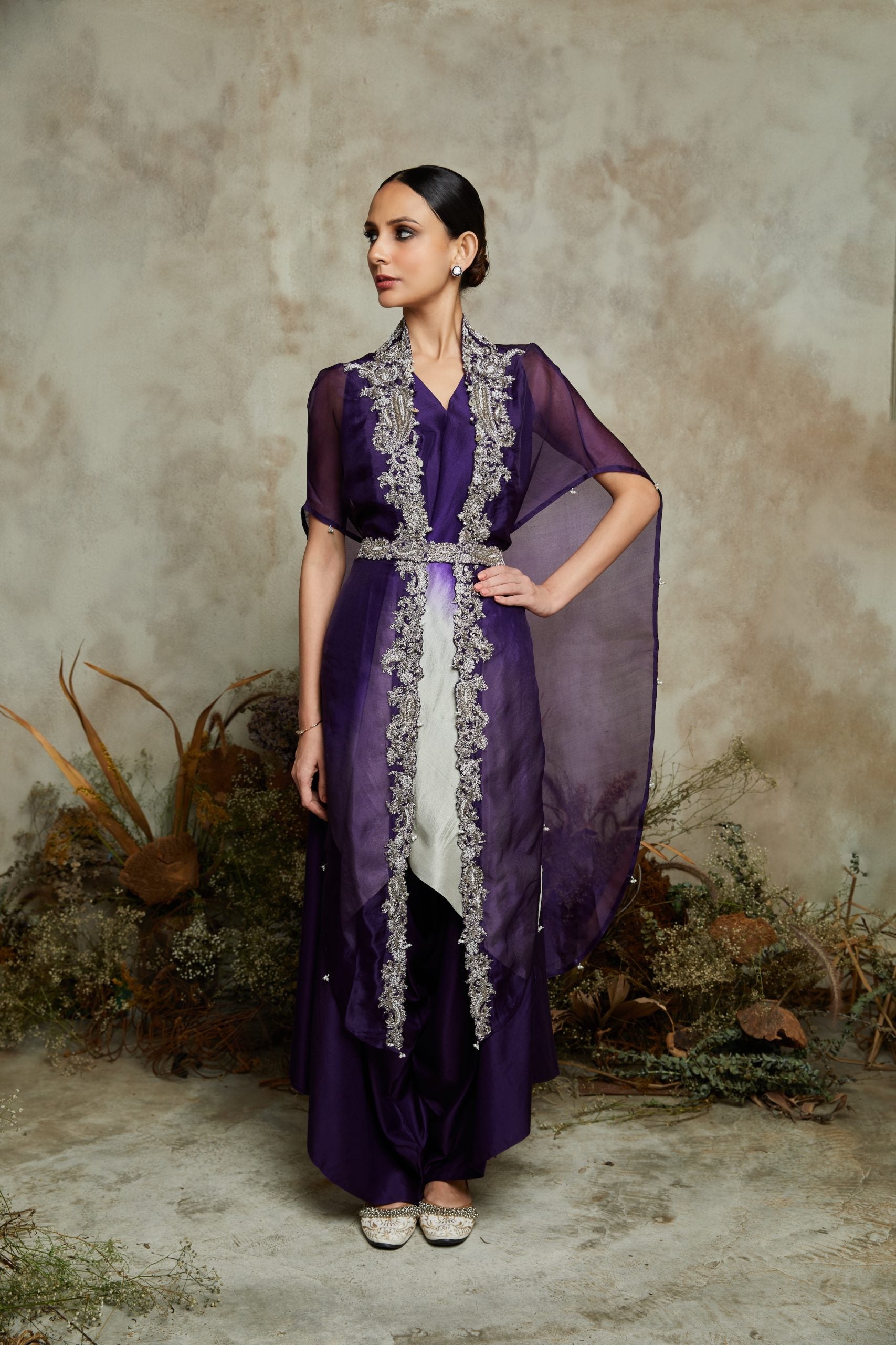 Silk handkerchief kurta with cape and cotton satin pants