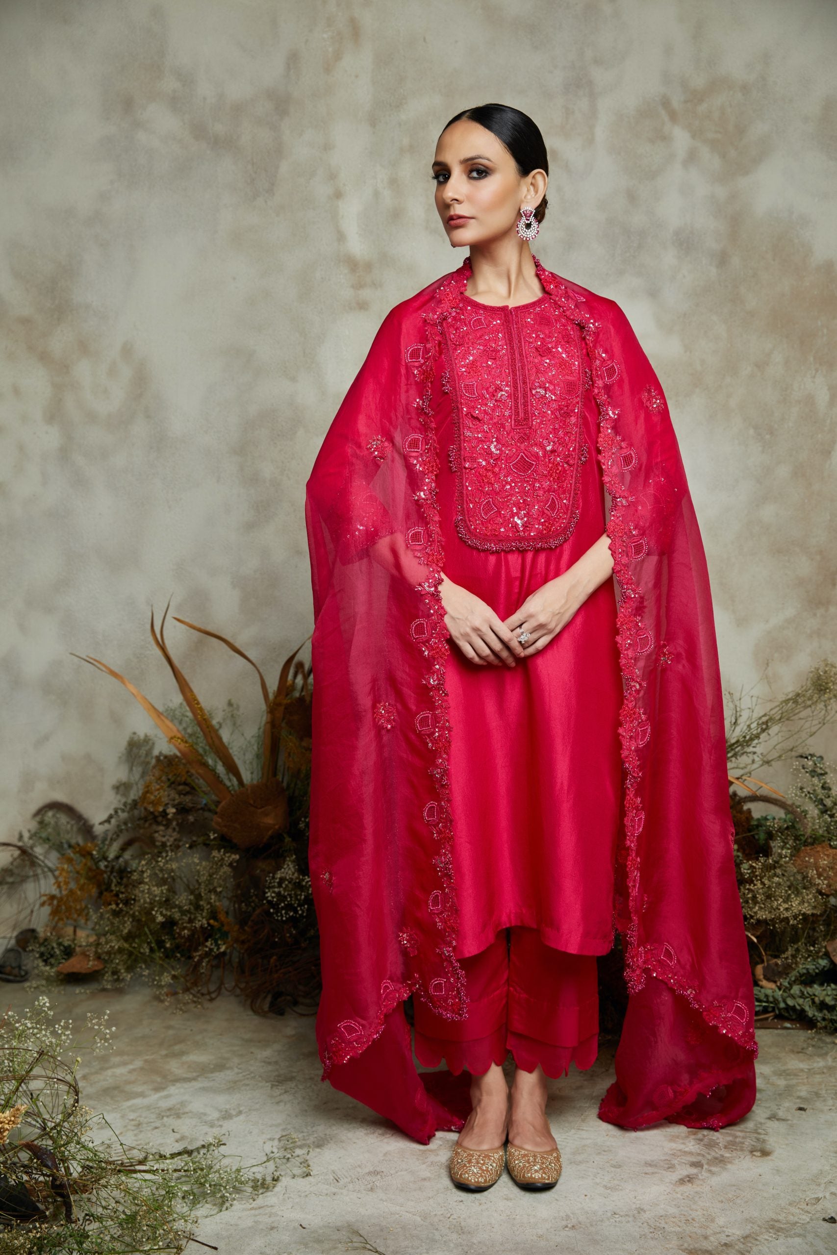 Pink Silk kurta with organza dupatta and cotton satin pants