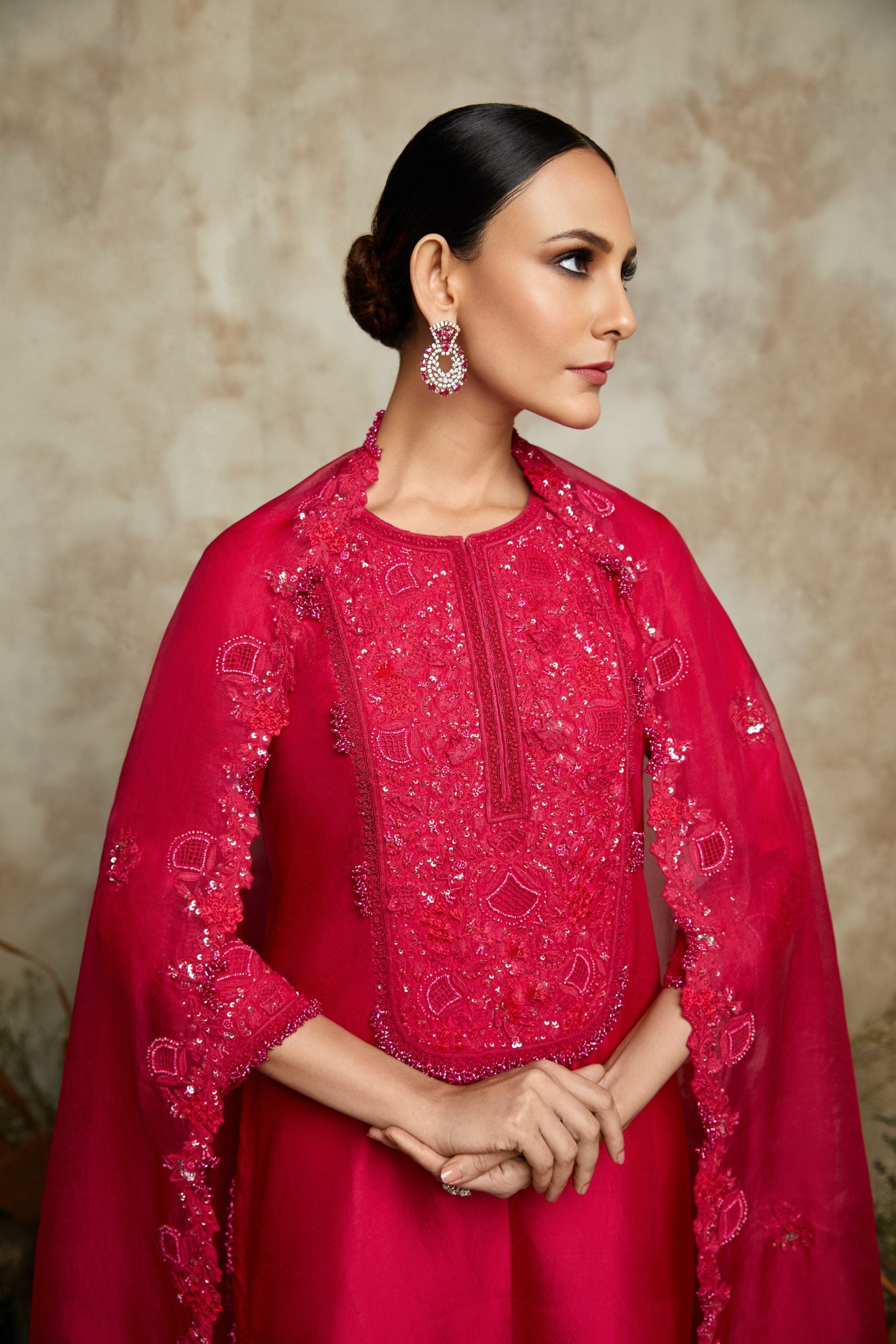 Pink Silk kurta with organza dupatta and cotton satin pants