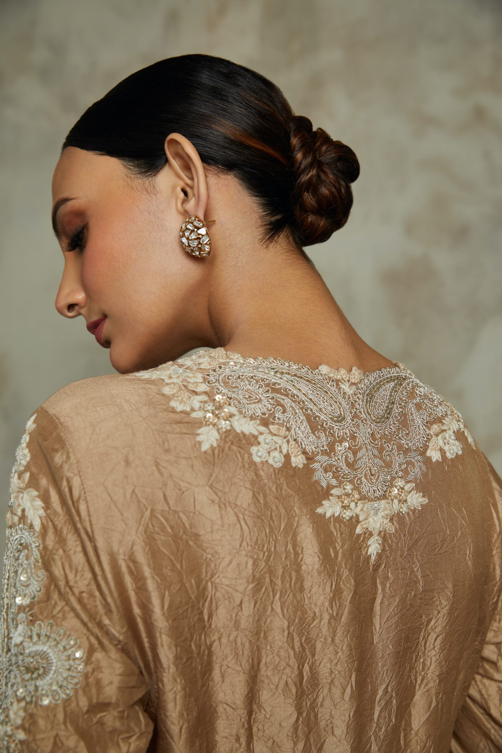 Silk crushed kurta with organza dupatta and cotton satin pants