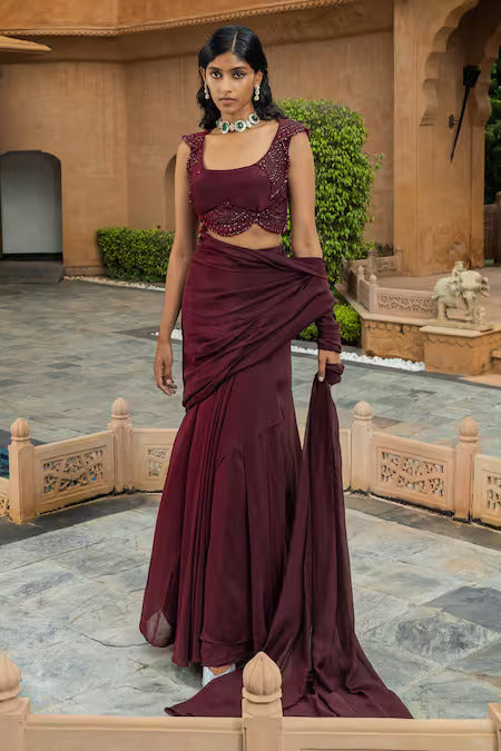 Retro Love Plum Chiffon Pre-Draped Saree Set