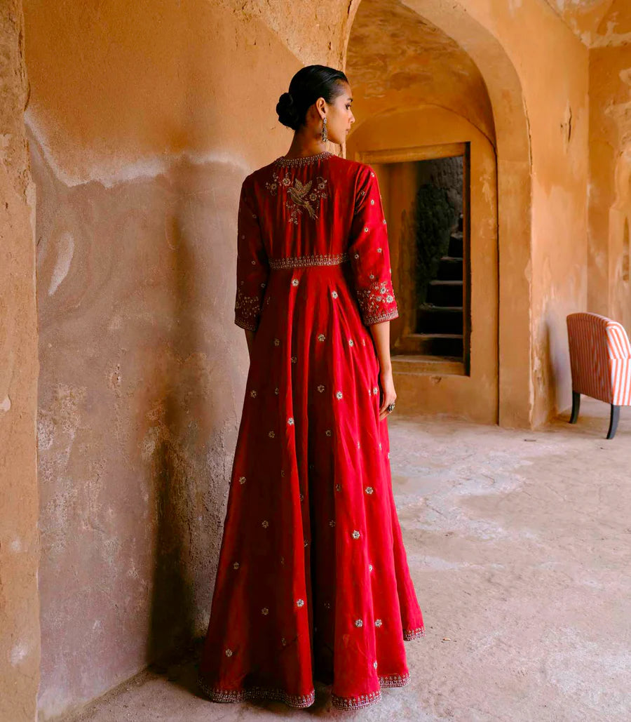 Red Anarkali Embroidered Drape Set