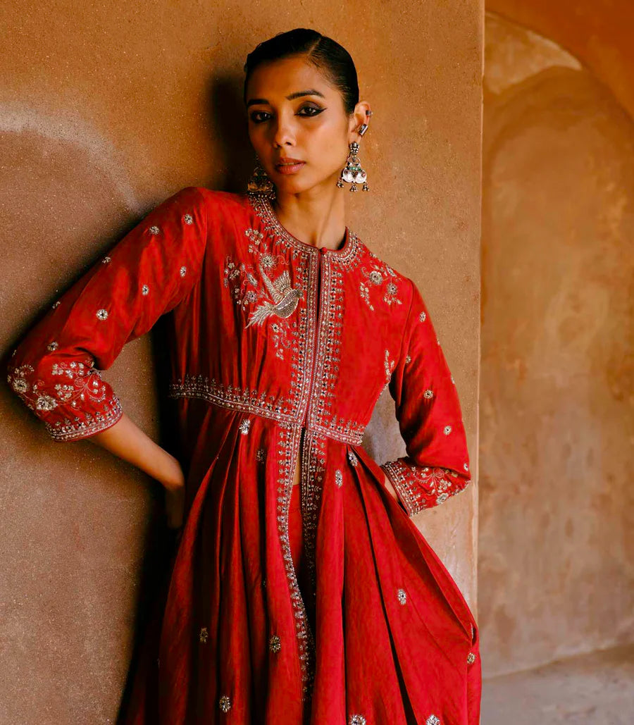 Red Anarkali Embroidered Drape Set