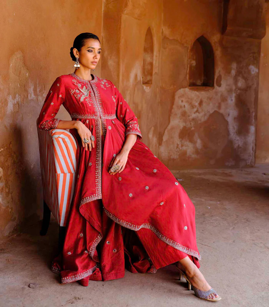 Red Anarkali Embroidered Drape Set