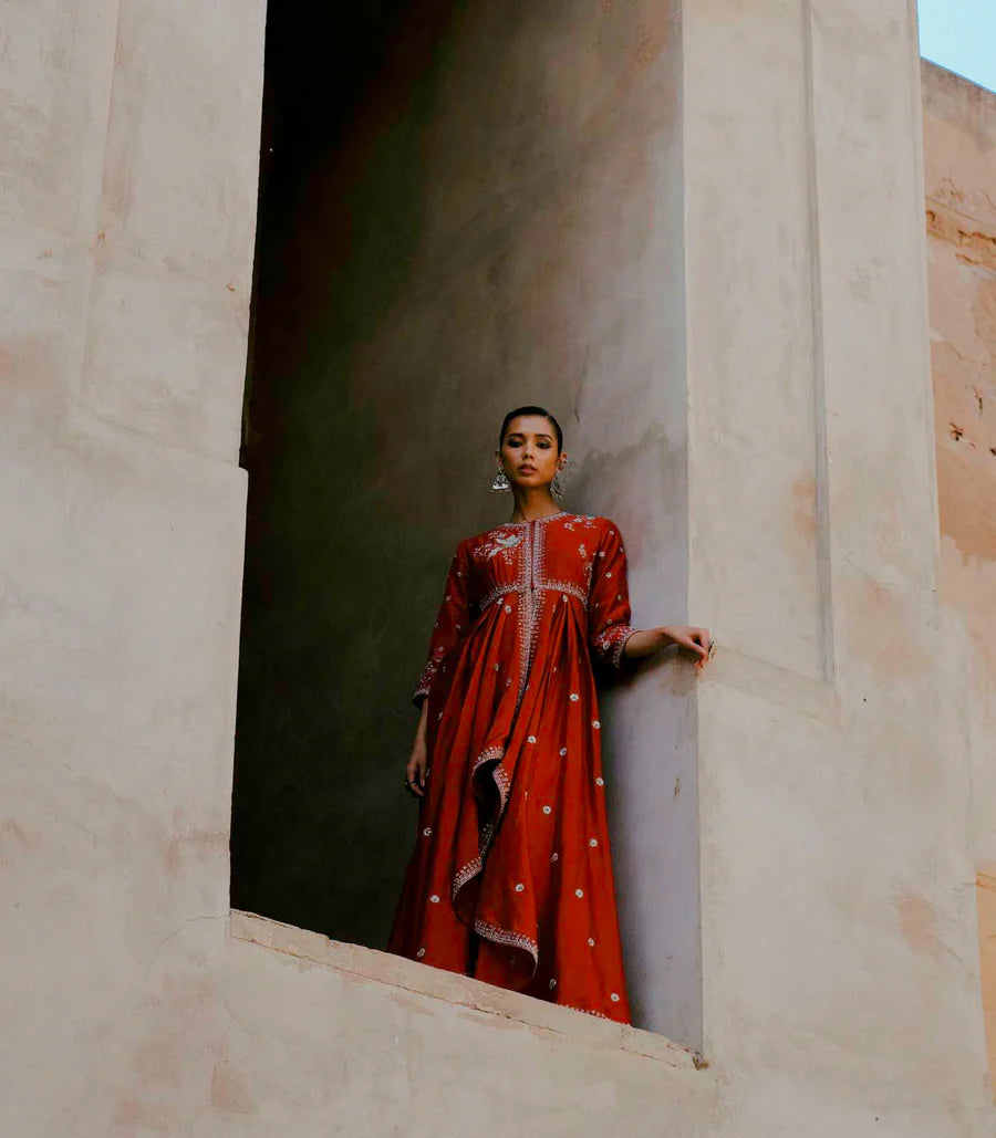 Red Anarkali Embroidered Drape Set