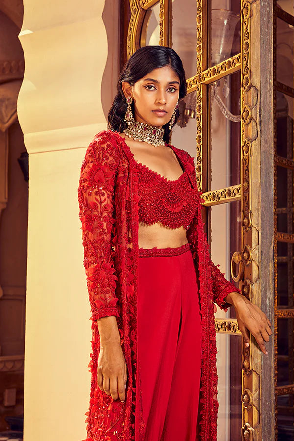 Retro Love Scarlet Red Organza Embellished 3D Jacket Set