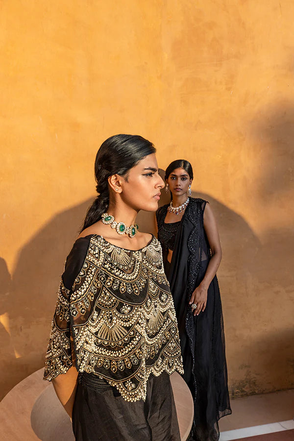 Black Embellished Cape Set