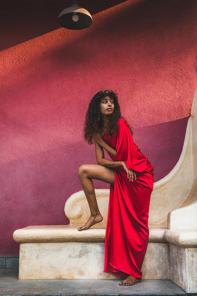 Silk One Shoulder Dress with Back Strap Detail