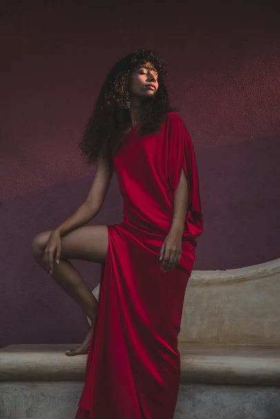 Silk One Shoulder Dress with Back Strap Detail