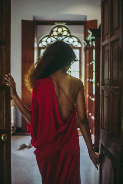 Silk One Shoulder Dress with Back Strap Detail