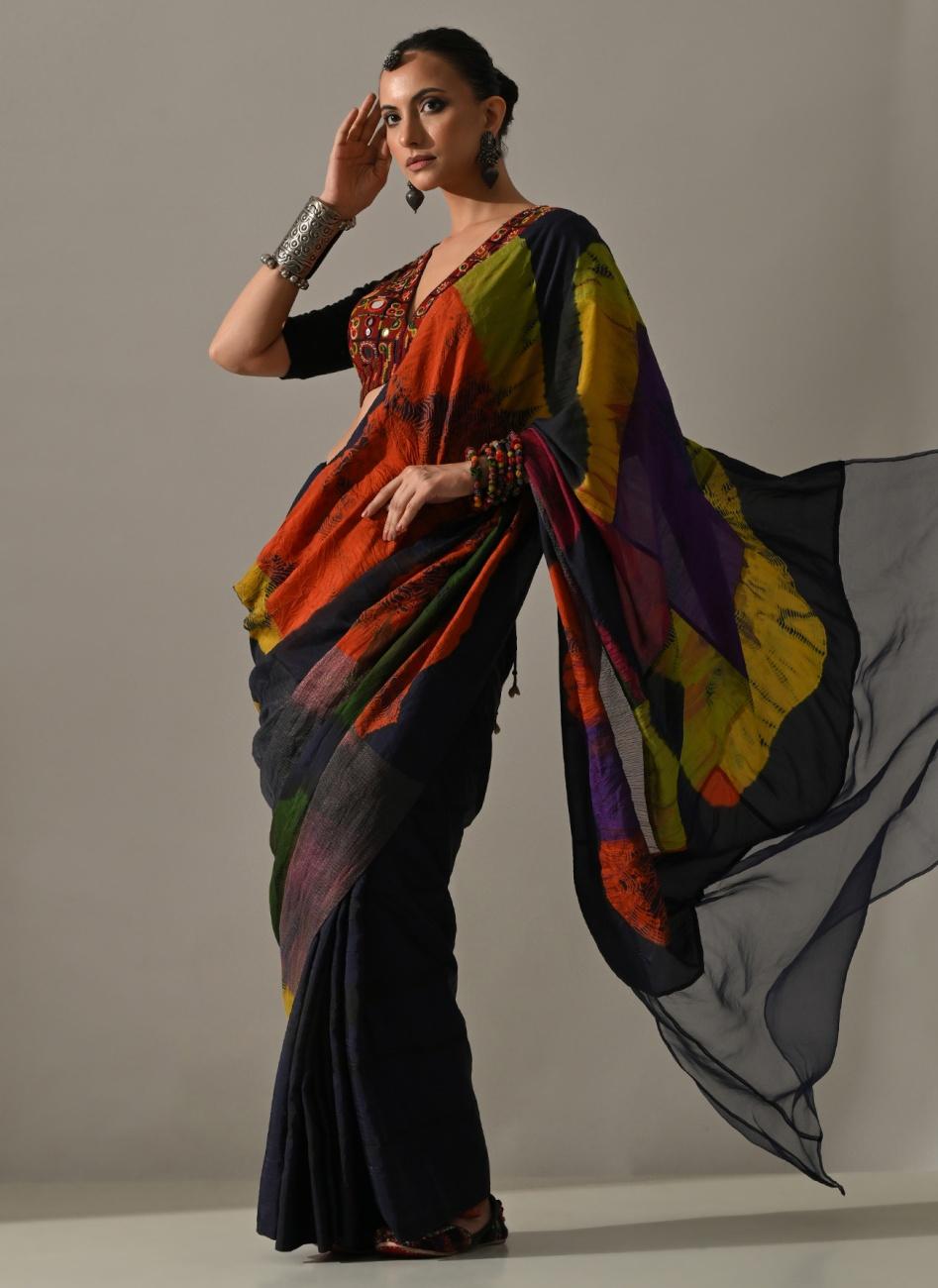 Multi Patchwork Hand Embroidered Saree Set