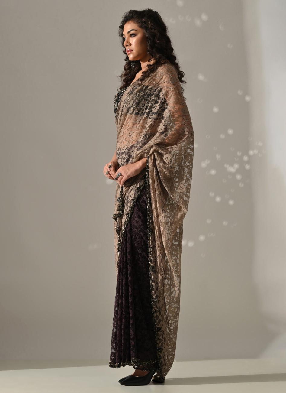 Beige Plum Lace Ombre Dyed Saree Set
