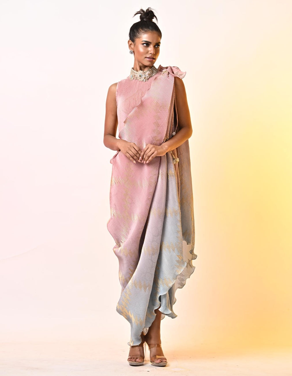 Salmon Powder Blue Pleated Drape Dress