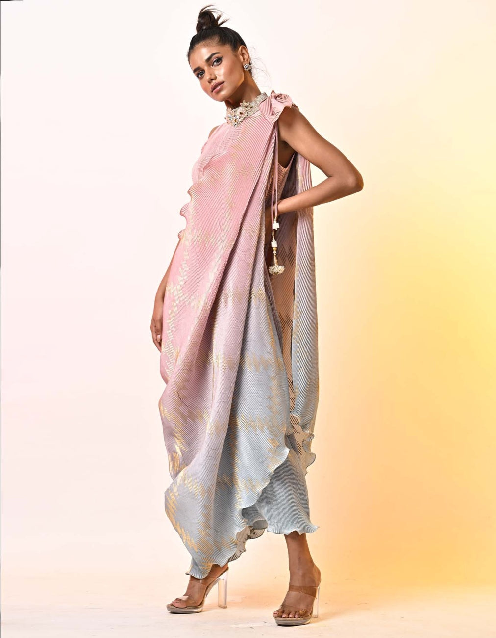 Salmon Powder Blue Pleated Drape Dress