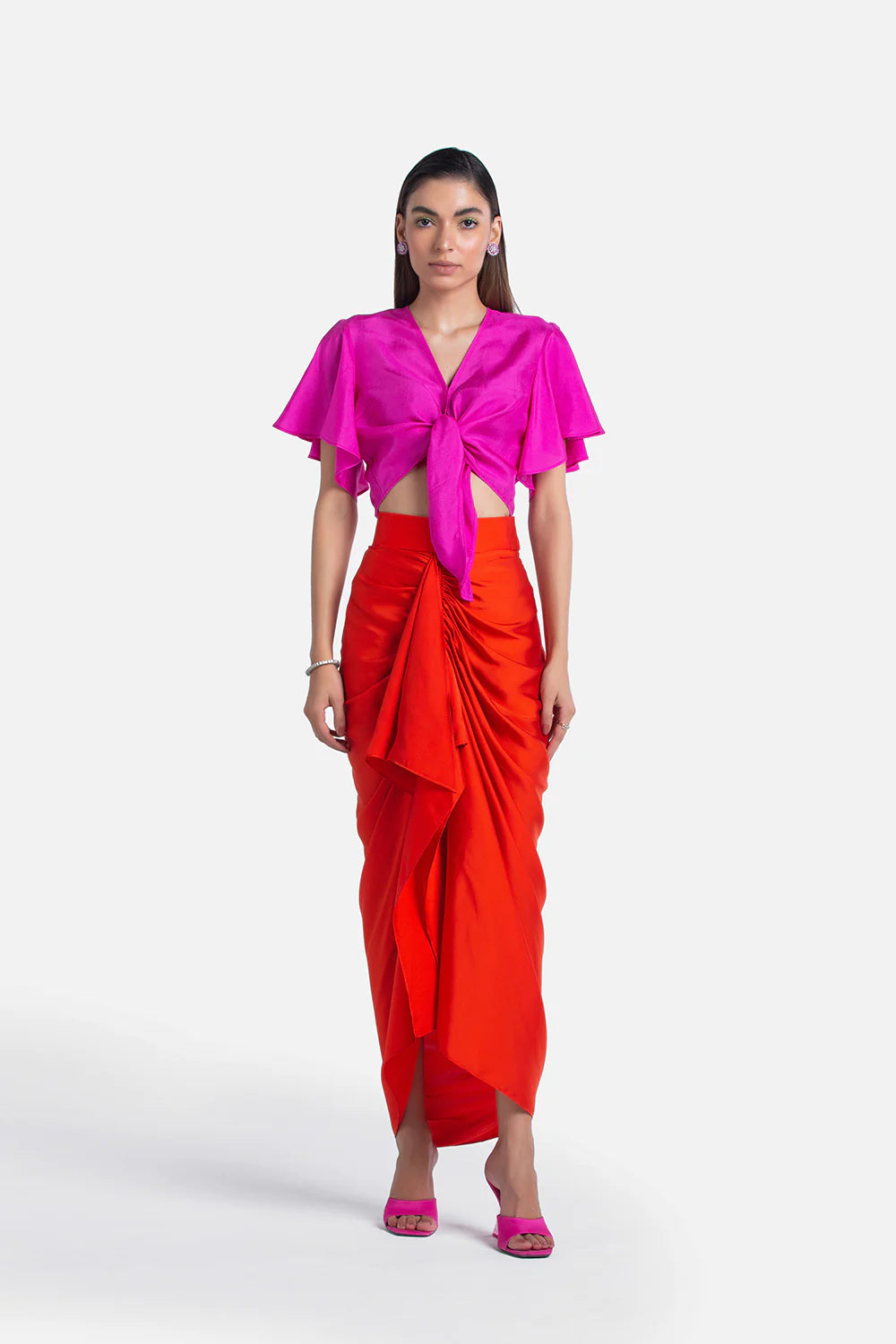 Orange Satin Sheen Draped Pencil Skirt